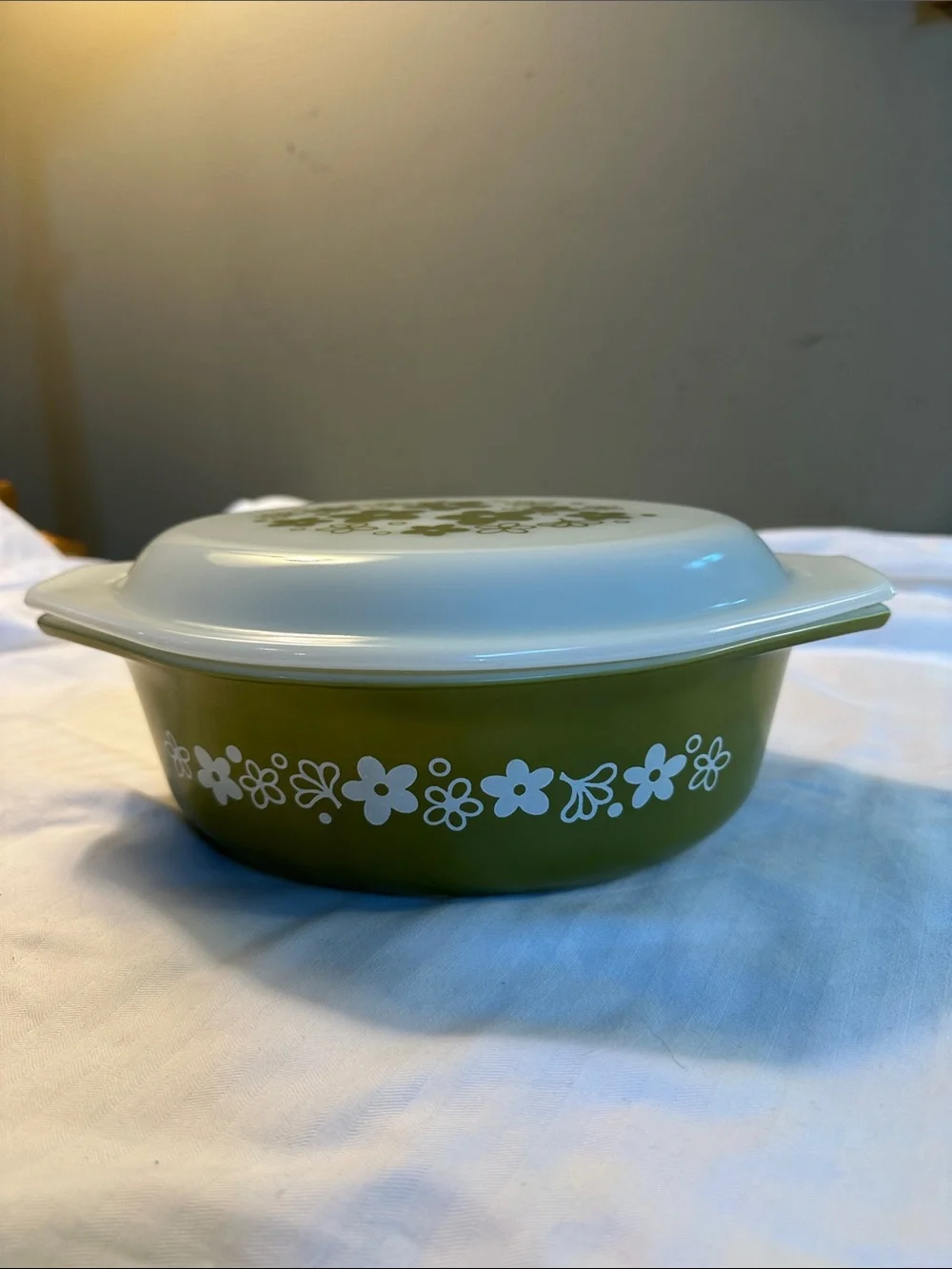 Vintage Pyrex Olive Green Floral Casserole with White Lid